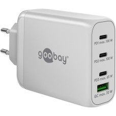 goobay USB-C PD Multiport-Schnellladegerät 100 Watt(weiß, 1x USB-A QC, 3x USB-C PD, GaN-Technologie)