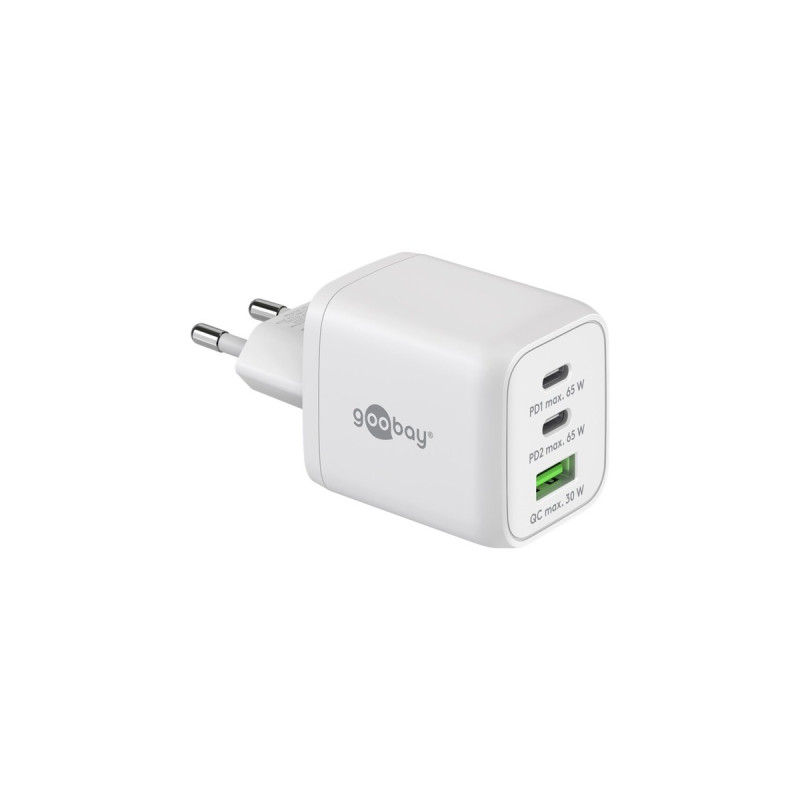 goobay USB-C PD Multiport-Schnellladegerät Nano 65 Watt(weiß, 1x USB-A, 2x USB-C PD, GaN-Technologie)