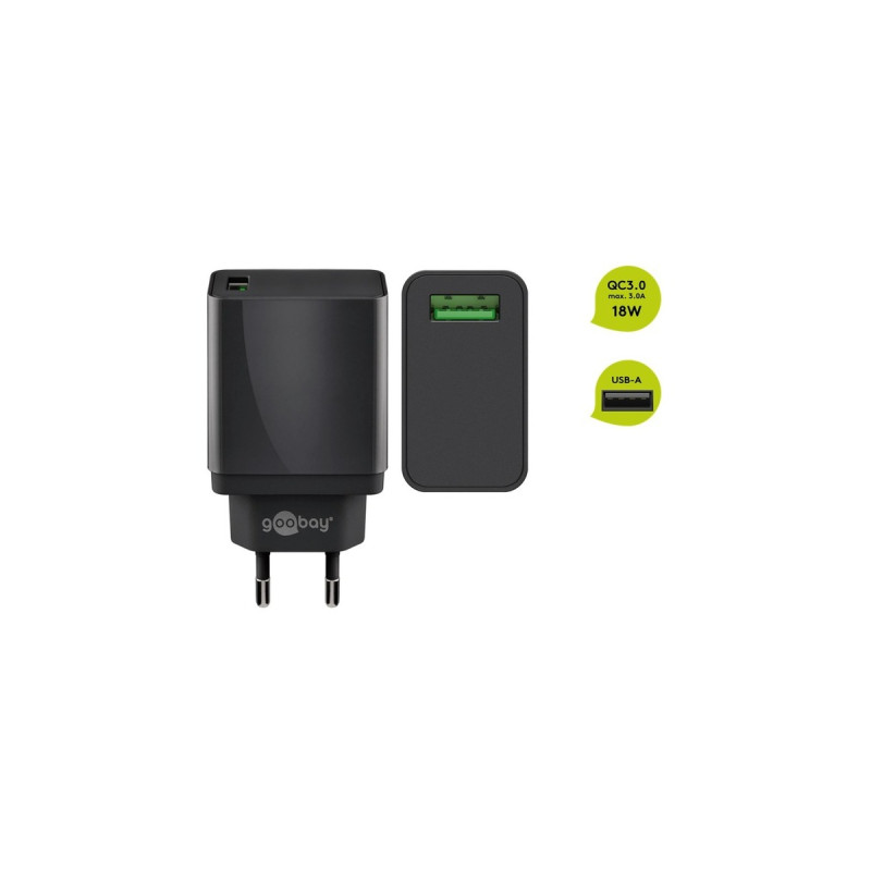 goobay USB Schnellladegerät QC3.0 (18W) schwarz(schwarz, Quick Charge (QC3.0))