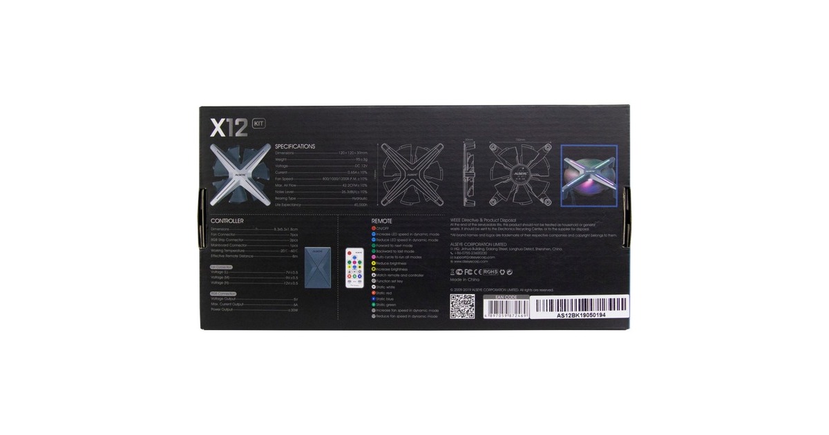 ALSEYE X12 Kit 120x120x30 mm, Gehäuselüfter(grau, 3er Pack, Steuerungseinheit, Fernbedienung)