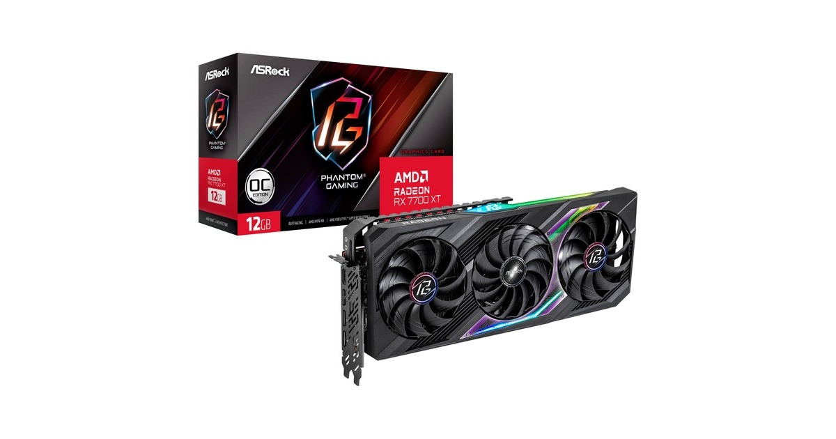 ASRock Radeon RX 7700 XT Phantom Gaming 12GB OC, Grafikkarte(RDNA 3, GDDR6, 3x DisplayPort, 1x HDMI 2.1) ASRock Radeon RX 7700 XT Phantom Gaming 12GB OC, Grafikkarte(RDNA 3, GDDR6, 3x DisplayPort, 1x HDMI 2.1)