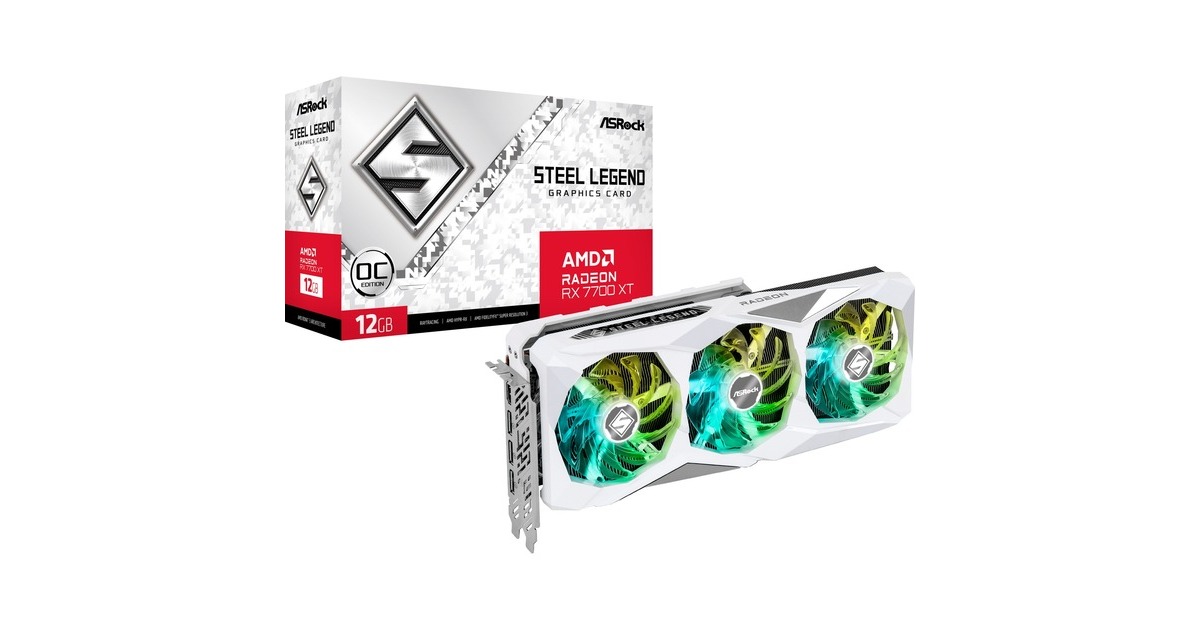 ASRock Radeon RX 7700 XT Steel Legend OC, Grafikkarte(RDNA 3, GDDR6, 3x DisplayPort, 1x HDMI 2.1) ASRock Radeon RX 7700 XT Steel Legend OC, Grafikkarte(RDNA 3, GDDR6, 3x DisplayPort, 1x HDMI 2.1)