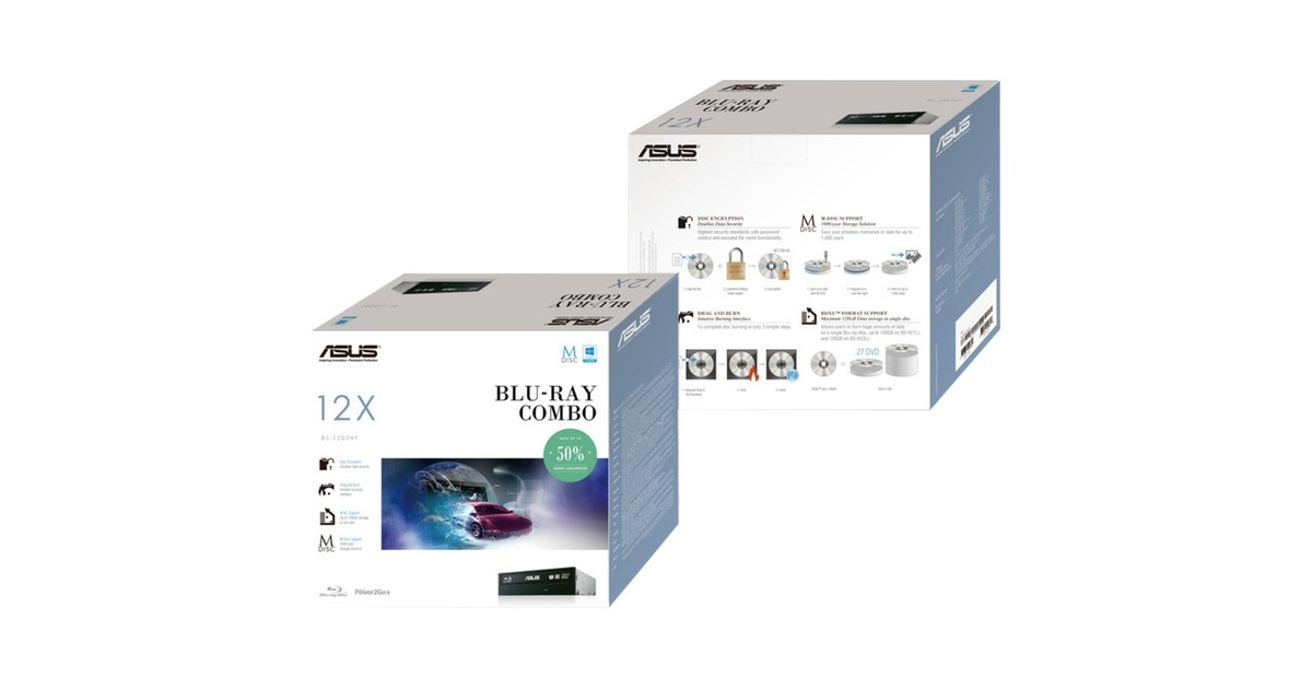ASUS BC-12D2HT Silent, Blu-ray-Combo(schwarz, 12-fach Blu-Ray lesen, M-DISC, Retail, Outlet)