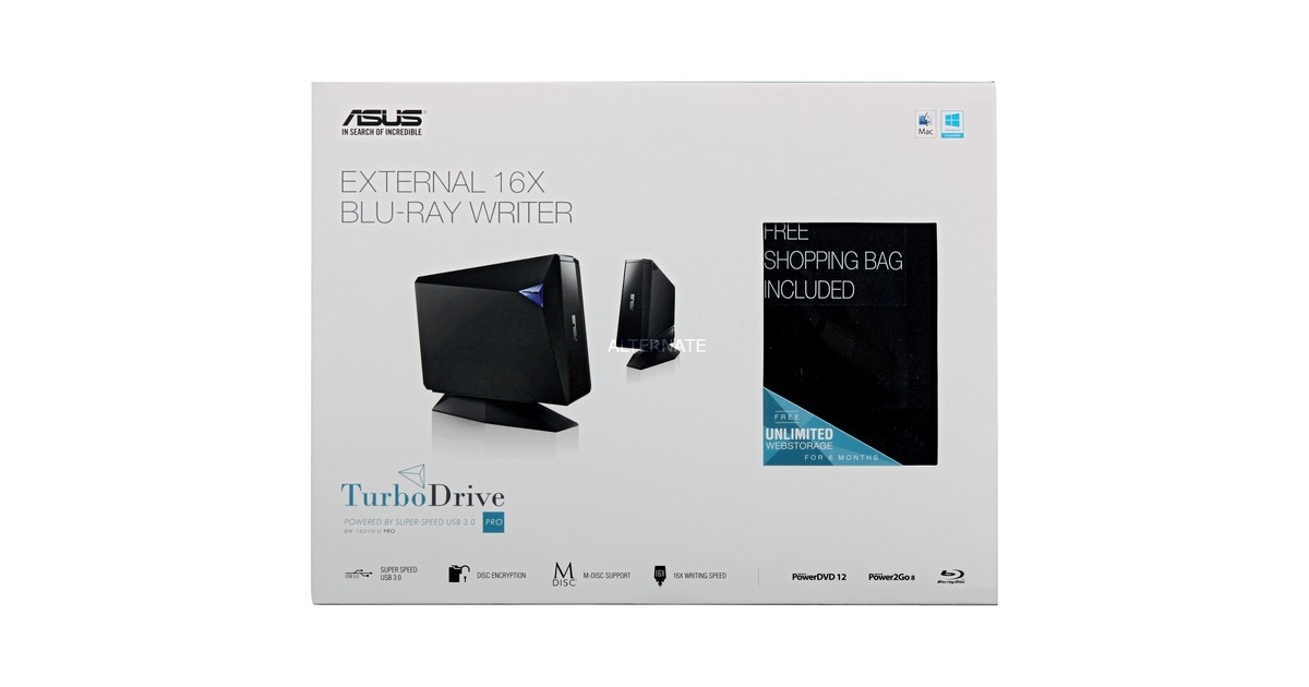 ASUS BW-16D1H-U Pro, externer Blu-ray-Brenner(schwarz, USB 3.0, M-DISC)