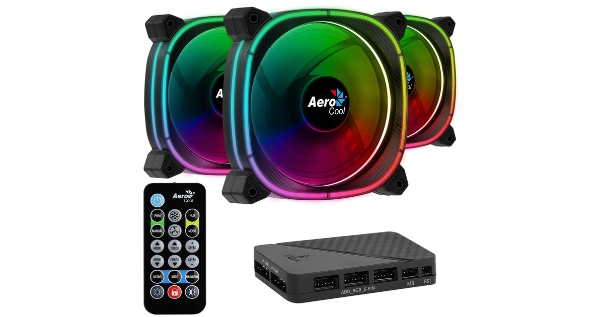 Aerocool Astro 12 Pro 120x120x25, Gehäuselüfter(schwarz, 3er Pack, inkl. H66F Control Hub, Fernbedienung)