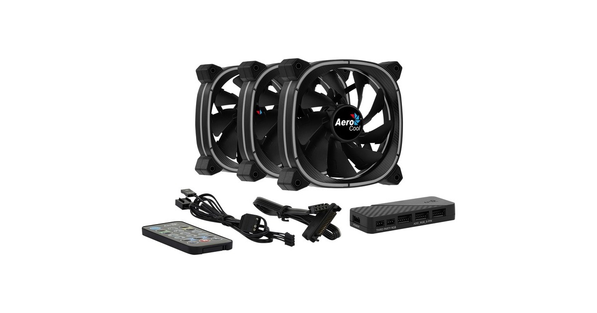 Aerocool Astro 12 Pro 120x120x25, Gehäuselüfter(schwarz, 3er Pack, inkl. H66F Control Hub, Fernbedienung)