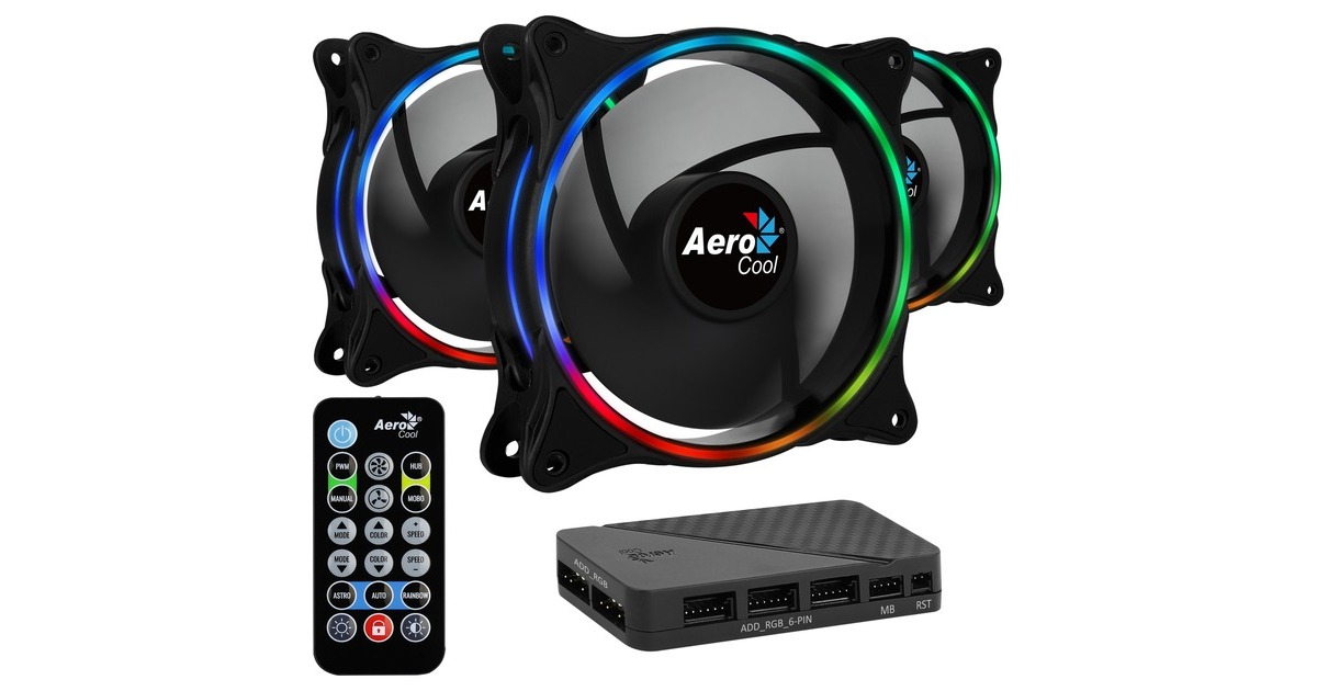 Aerocool Eclipse 12 Pro 120x120x25, Gehäuselüfter(schwarz, 3er Pack inkl. H66F Control Hub, Fernbedienung)