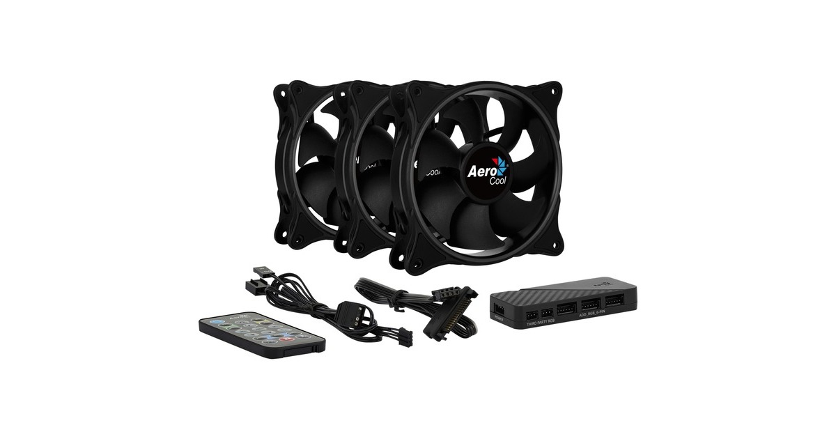 Aerocool Eclipse 12 Pro 120x120x25, Gehäuselüfter(schwarz, 3er Pack inkl. H66F Control Hub, Fernbedienung)