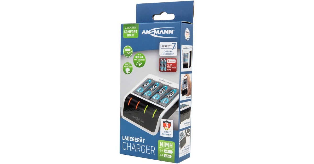 Ansmann Comfort Smart + 4x AA 2100mAh, Ladegerät(weiß/schwarz, inkl. 4x AA-Akkus mit 2100 mAh)