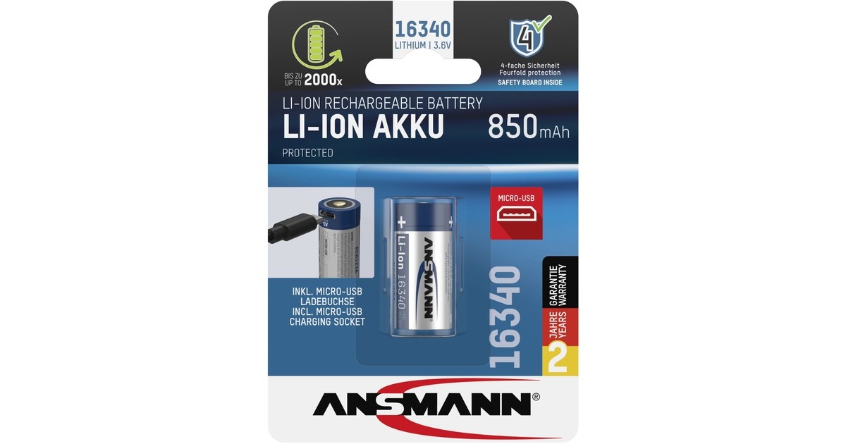 Ansmann Li-Ion Akku 16340 850mAh mit Ladebuchse