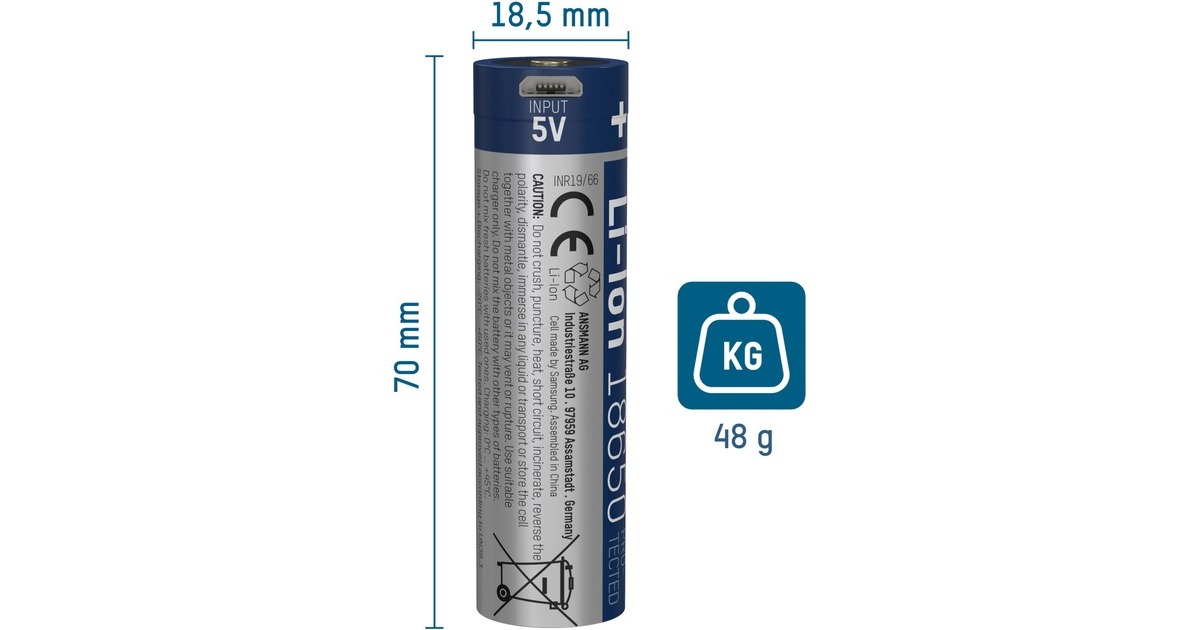 Ansmann Li-Ion Akku 18650 2600 mAh mit Micro-USB Ladebuchse(18650, 1 Stück)
