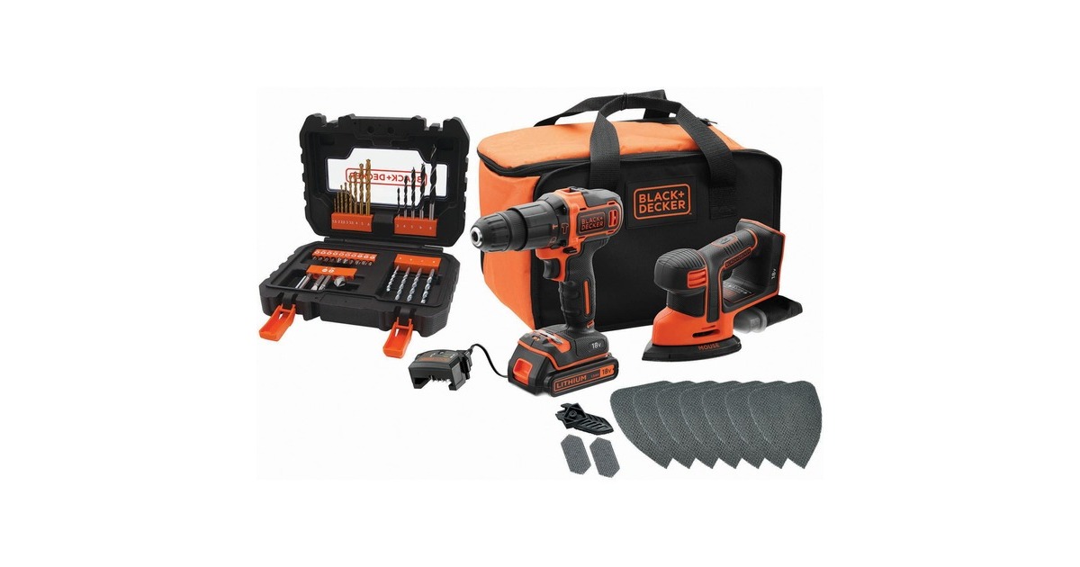 BLACK+DECKER 18V Combo-Kit BCK23S1SA41: Akku-Schlagbohrschrauber + Akku-Mouse(schwarz/orange, Li-Ionen Akku 1,5Ah, 41-tlg. Zubehör-Set)