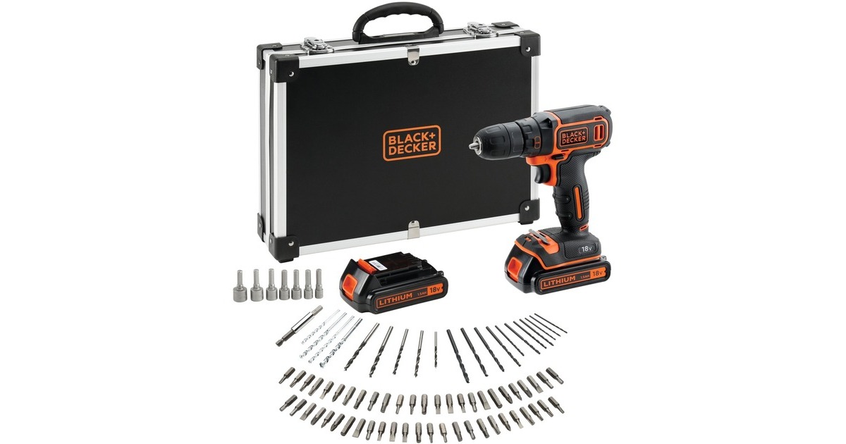 BLACK+DECKER Akku-Bohrschrauber BDCDC18BAFC, 18Volt(schwarz/orange, 2x Li-Ionen Akku (1,5Ah), 80-tlg. Zubehör-Set)