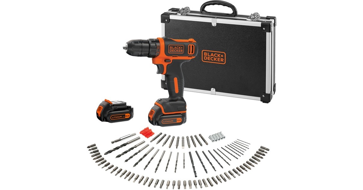 BLACK+DECKER Akku-Bohrschrauber BDCDD12BAFC, 10,8Volt(schwarz/orange, 2x Li-Ionen Akku 1,5Ah, Koffer, 100-teiliges Zubehör-Set)