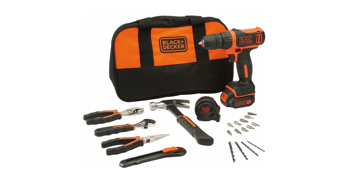 BLACK+DECKER Akku-Bohrschrauber BDCDD12HTSA, 10,8Volt(schwarz/orange, Li-Ionen Akku 1,5Ah, 20-teiliges Zubehör-Set)