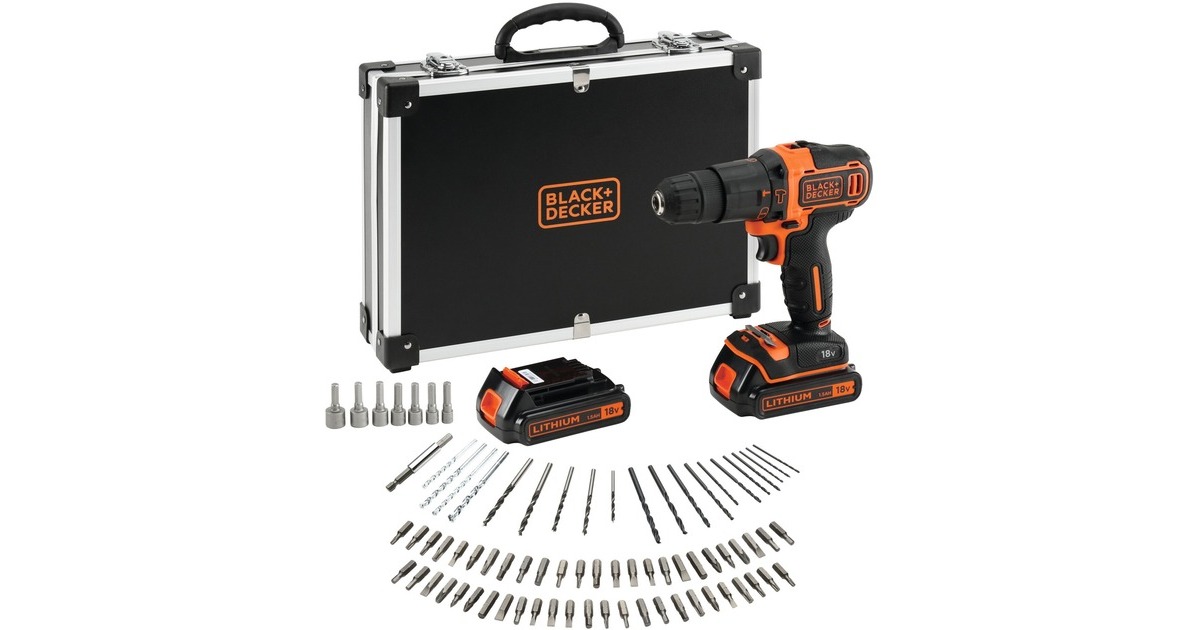 BLACK+DECKER Akku-Schlagbohrschrauber BDCHD18BAFC, 18Volt(schwarz/orange, 2x Li-Ionen Akku 1,5Ah, 80-tlg. Zubehör-Set, im Koffer)