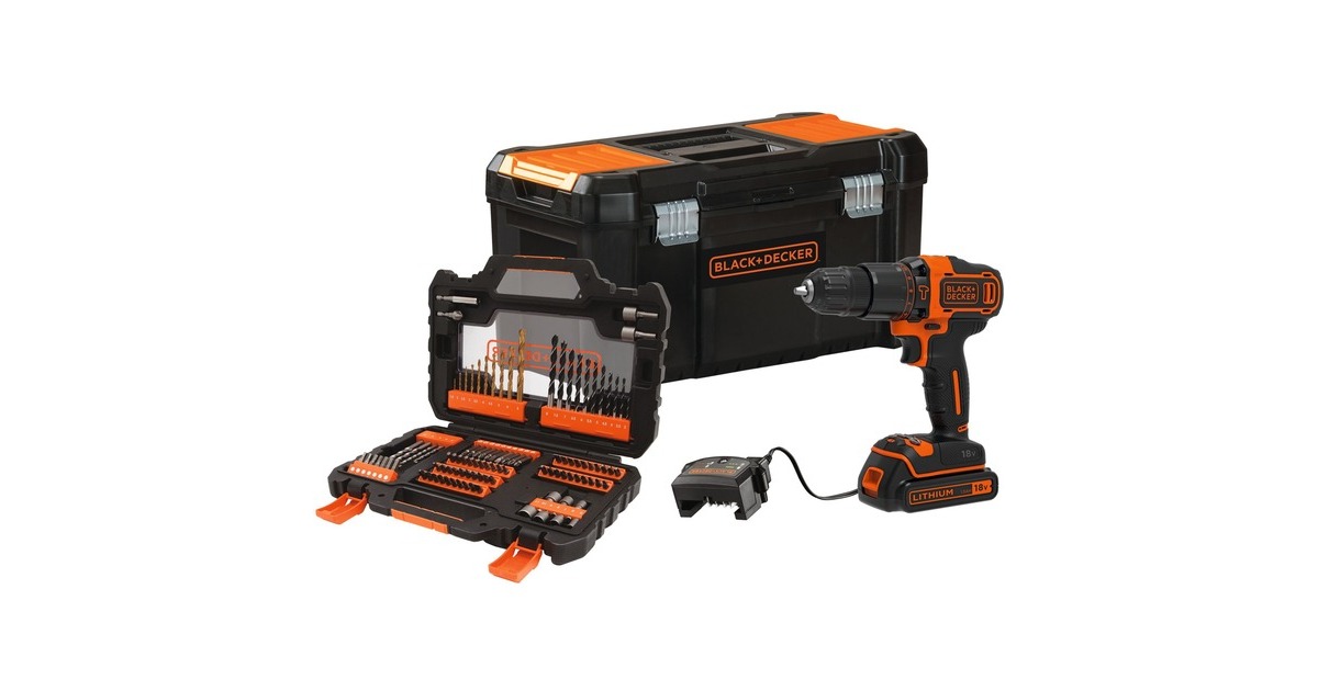 BLACK+DECKER Akku-Schlagbohrschrauber BDCHD18S1KA, 18Volt(schwarz/orange, Li-Ionen Akku 1,5Ah, inkl. 104-teiliges Zubehör-Set)