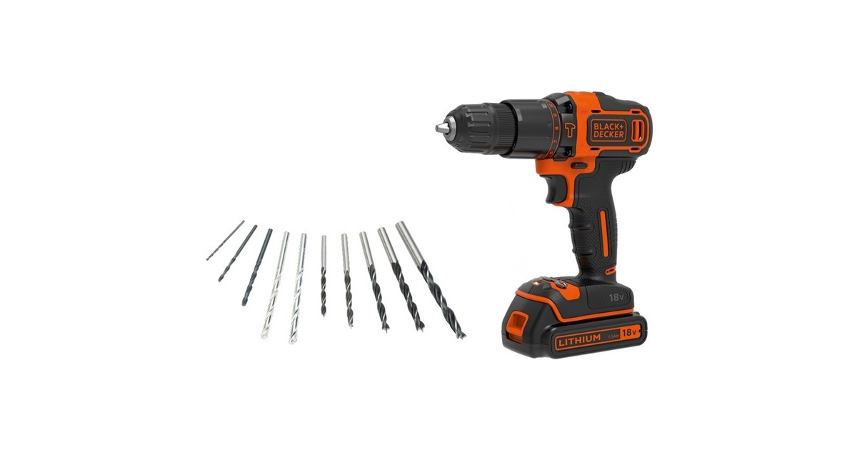BLACK+DECKER Akku-Schlagbohrschrauber BDGHD18KA, 18Volt(schwarz/orange, Li-Ionen Akku 1,5Ah, inkl. 10-teiliges Bohrer-Set)