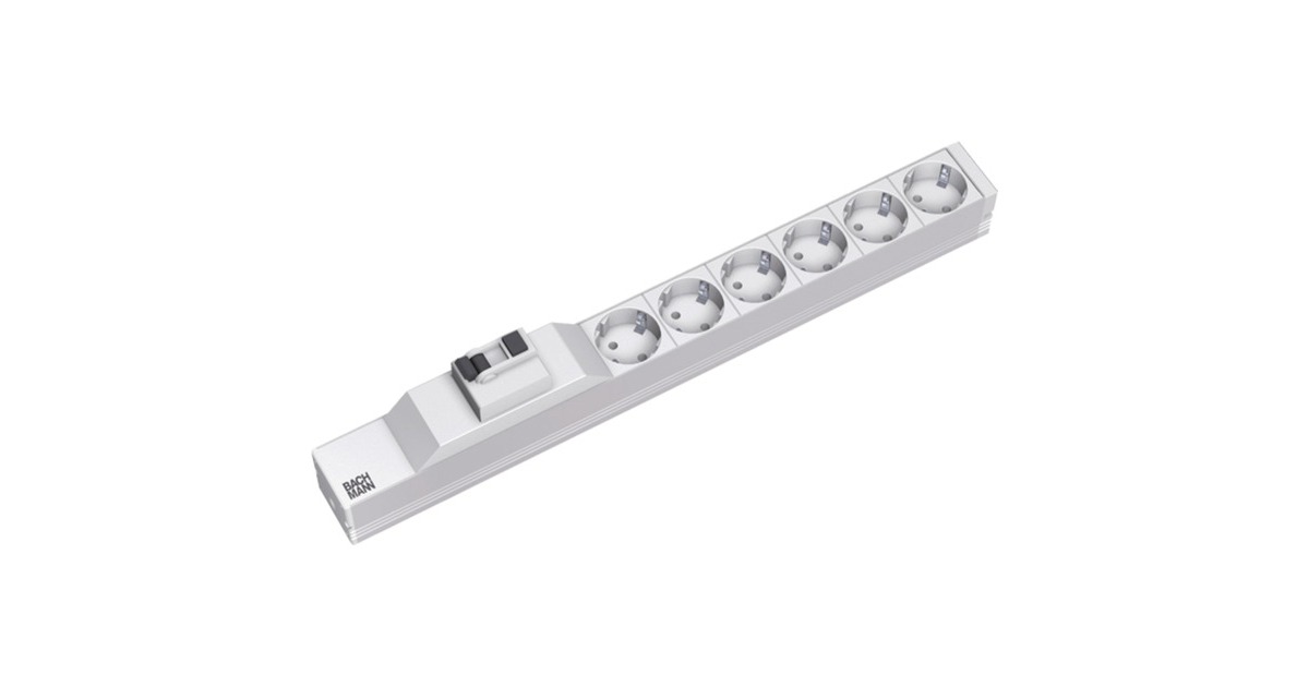 Bachmann 19" IT PDU Steckdosenleiste Basic 6-fach, 1HE(grau, 2 Meter, mit Fehlerstrom (FI) Schutzschalter 25A)