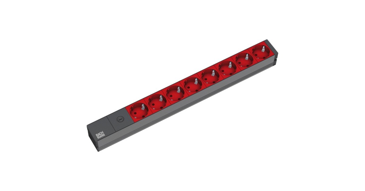 Bachmann 19" IT PDU Steckdosenleiste Basic 8-fach, 1HE(schwarz/rot, 2 Meter, C14, mit Feinsicherung 10A)