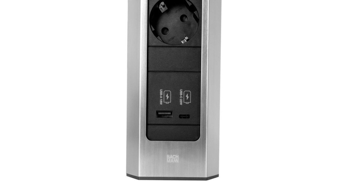 Bachmann CASIA 2 Steckdosenleiste 3-fach + USB-Charger, lang, Wand- oder Eckmontage(edelstahl, 2 Meter Kabel, 1x USB-A, 1x USB-C)