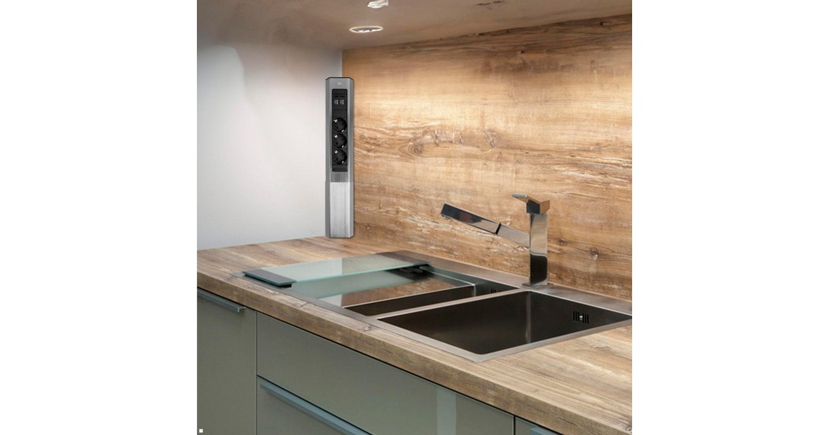 Bachmann CASIA 2 Steckdosenleiste 3-fach + USB-Charger, lang, Wand- oder Eckmontage(edelstahl, 2 Meter Kabel, 1x USB-A, 1x USB-C)