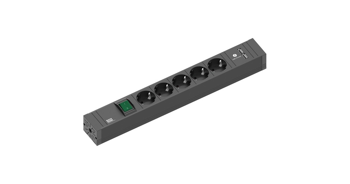 Bachmann CONNECT LINE Steckdosenleiste 5-fach(schwarz, 2 Meter Kabel, 2x USB-A, mit Schalter)