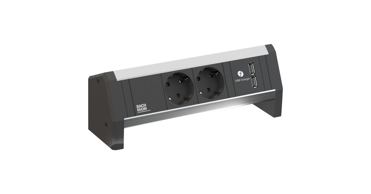 Bachmann DESK 1 Steckdosenleiste 3-fach, 2x Strom, 2x USB-A(schwarz/aluminium, ohne Kabel, Wieland Stecksystem)