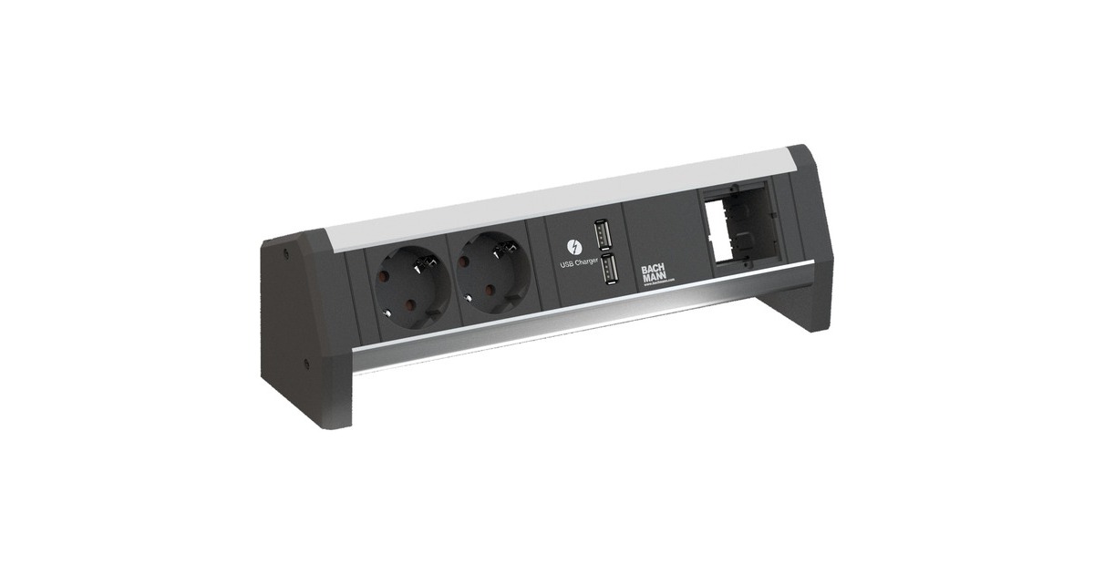 Bachmann DESK 1 Steckdosenleiste 4-fach, 2x Strom, 2x USB-A, 1x Custom Modul(schwarz/aluminium, ohne Kabel, Wieland Stecksystem)