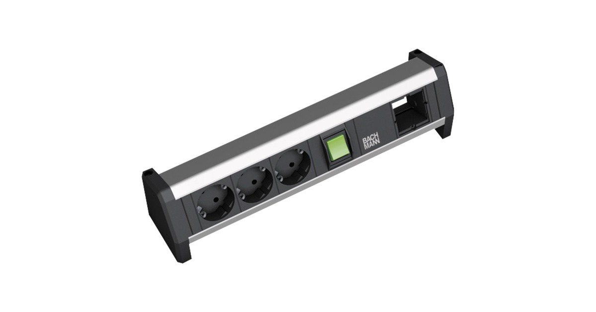 Bachmann DESK 1 Steckdosenleiste 4-fach, 3x Strom, 1x Custom Modul(schwarz/aluminium, mit Schalter, ohne Kabel, Wieland Stecksystem)