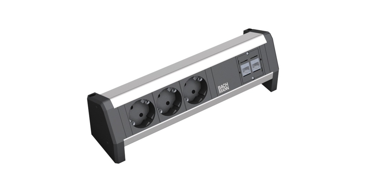 Bachmann DESK 1 Steckdosenleiste 4-fach, 3x Strom, 2x RJ-45 Cat.6a(schwarz/aluminium, ohne Kabel, Wieland Stecksystem)