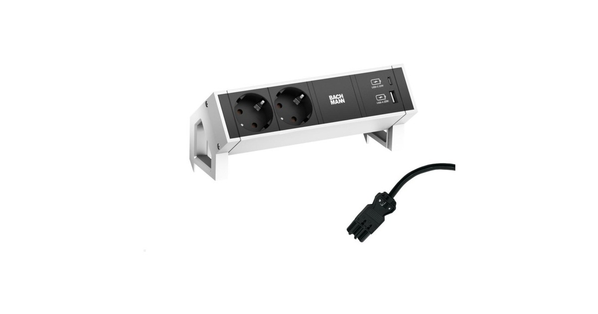 Bachmann DESK 2 Steckdosenleiste 3-fach, 2x Strom, USB-A, USB-C(weiß/schwarz, mit Haltewinkeln)