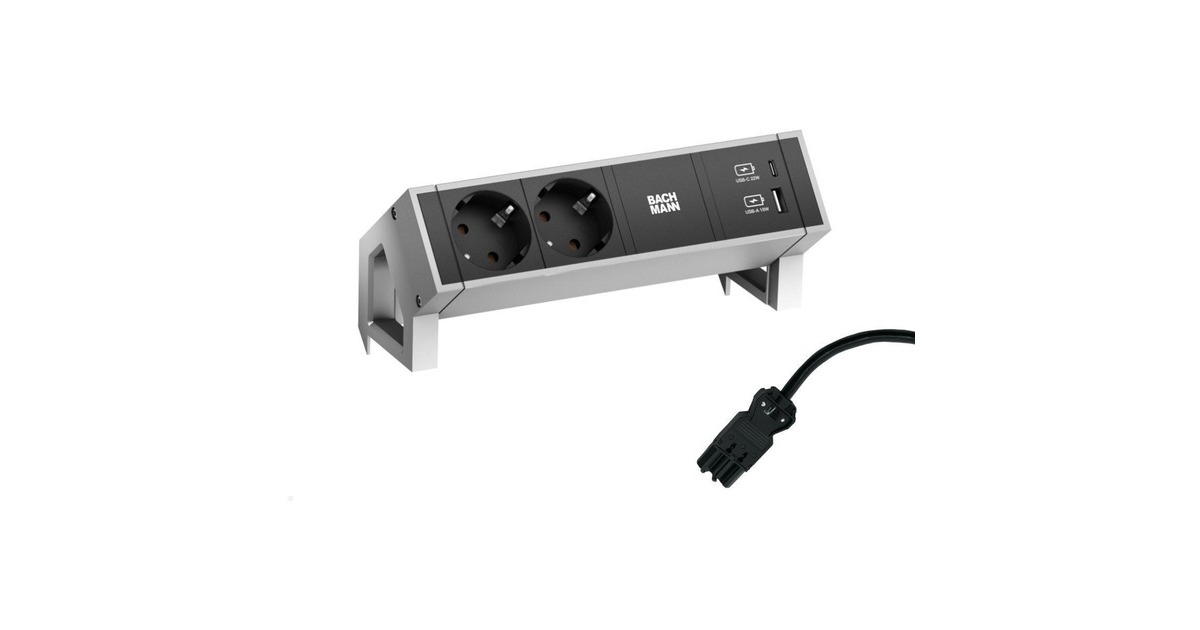 Bachmann DESK 2 Steckdosenleiste 3-fach, 2x Strom, USB-A, USB-C(inox/schwarz, mit Haltewinkeln)