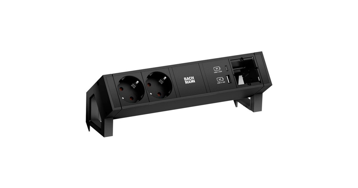Bachmann DESK 2 Steckdosenleiste 4-fach, 2x Strom, USB-A, USB-C, 1x Custom Modul(schwarz, mit Haltewinkeln)