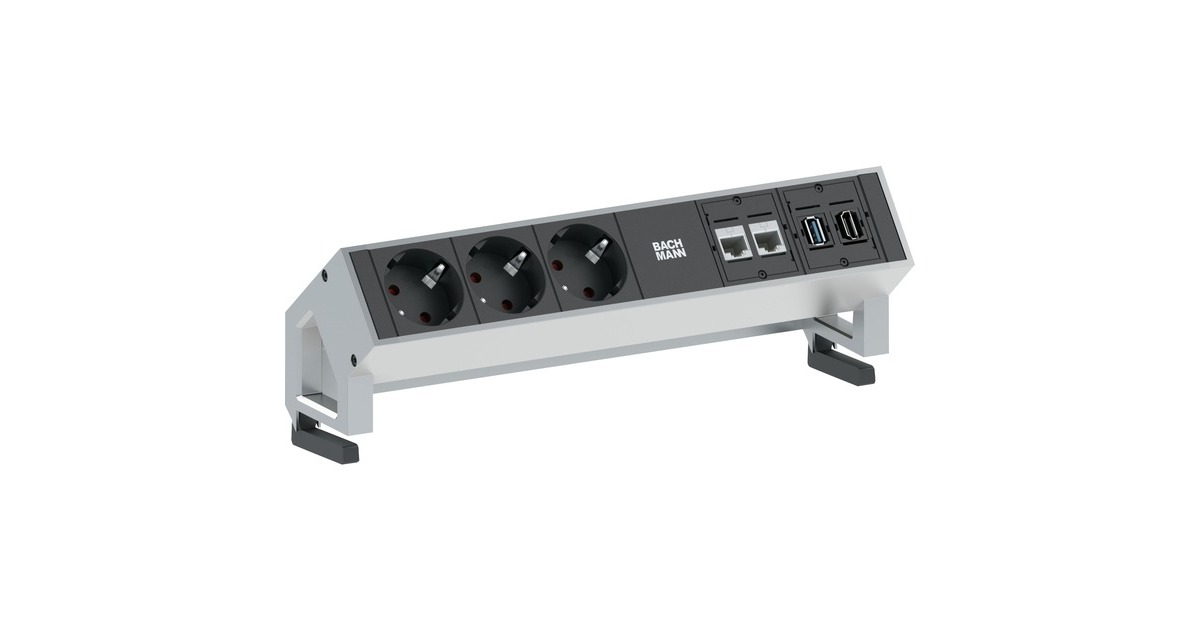 Bachmann DESK 2 Steckdosenleiste 5-fach, 3x Strom, 2x RJ-45, 1x USB-A, 1x HDMI(inox, mit Haltewinkeln)