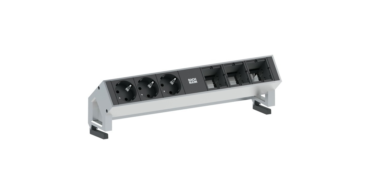 Bachmann DESK 2 Steckdosenleiste 6-fach, 3x Strom, 3x Custom Modul(inox, mit Haltewinkeln)
