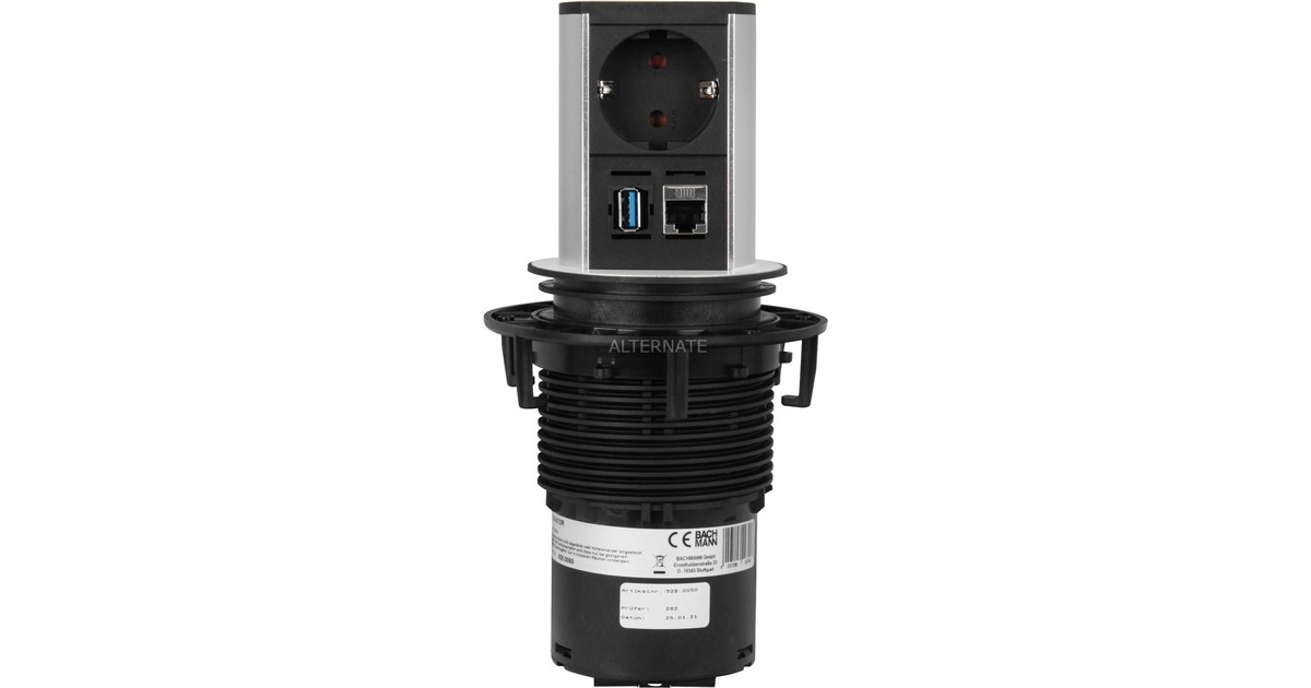 Bachmann ELEVATOR versenkbare Steckdosenleiste 1-fach, 1x RJ-45, 1x USB(aluminium/schwarz, 0,5 Meter Kabel)