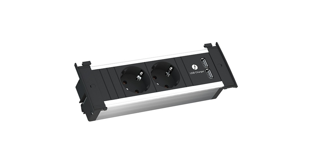 Bachmann KAPSA Einbau-Steckdosenleiste 2-fach, 2x USB(schwarz/aluminium, 2 Meter Kabel)