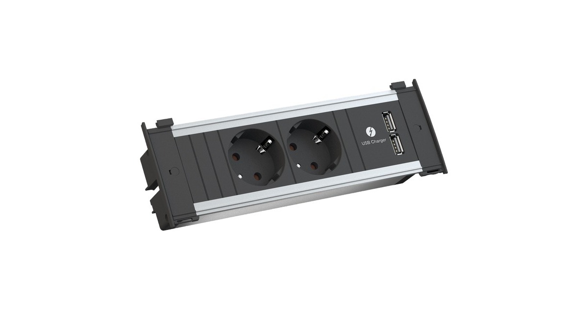 Bachmann KAPSA Einbau-Steckdosenleiste 2-fach, 2x USB(schwarz/aluminium, 0,20 Meter Kabel)