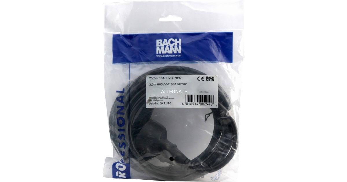 Bachmann Schutzkontakt-Verlängerungskabel 341.185(schwarz, 3 Meter)