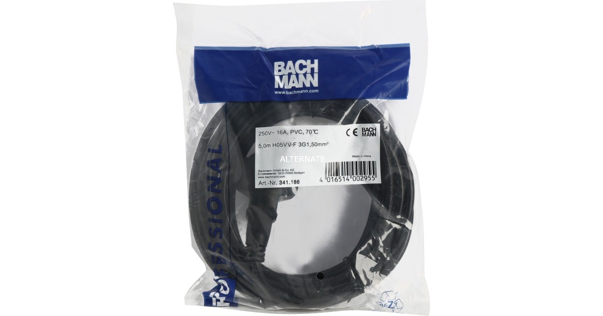 Bachmann Schutzkontakt-Verlängerungskabel 341.186(schwarz, 5 Meter)