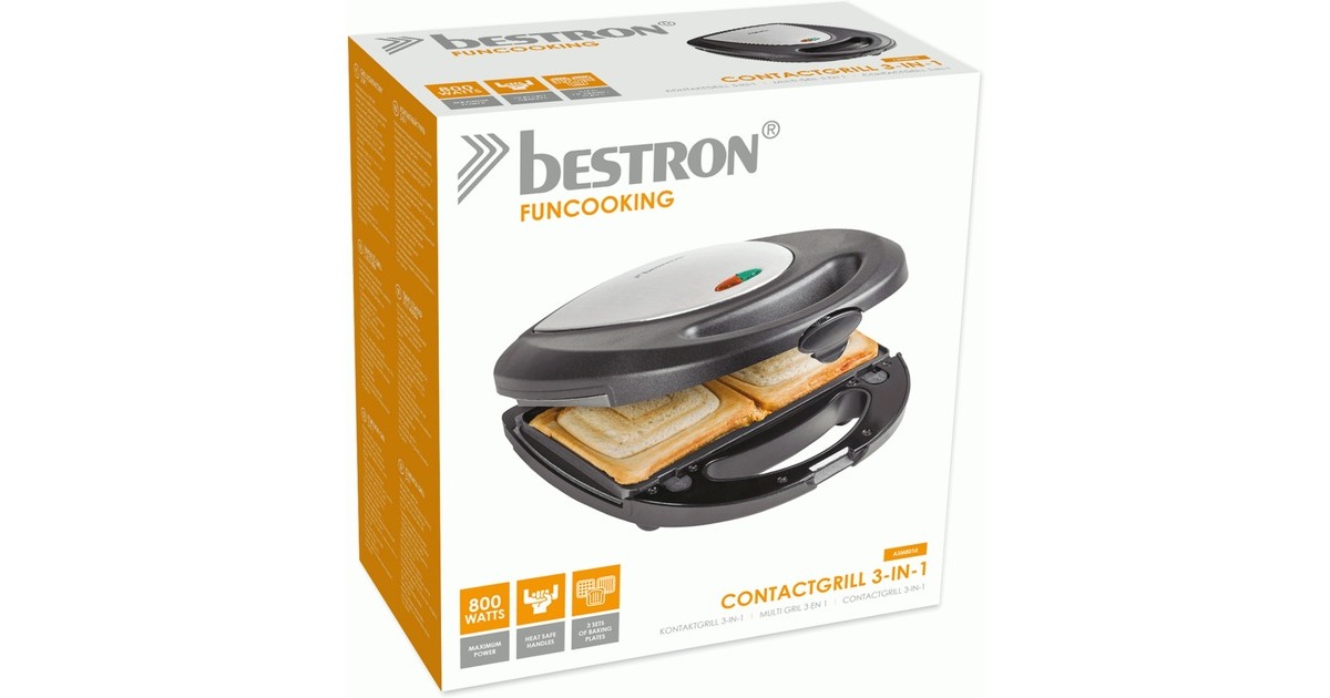 Bestron 3-in-1 Kontaktgrill ASM8010(schwarz/edelstahl, 800 Watt, mit 3 Platten-Sets)