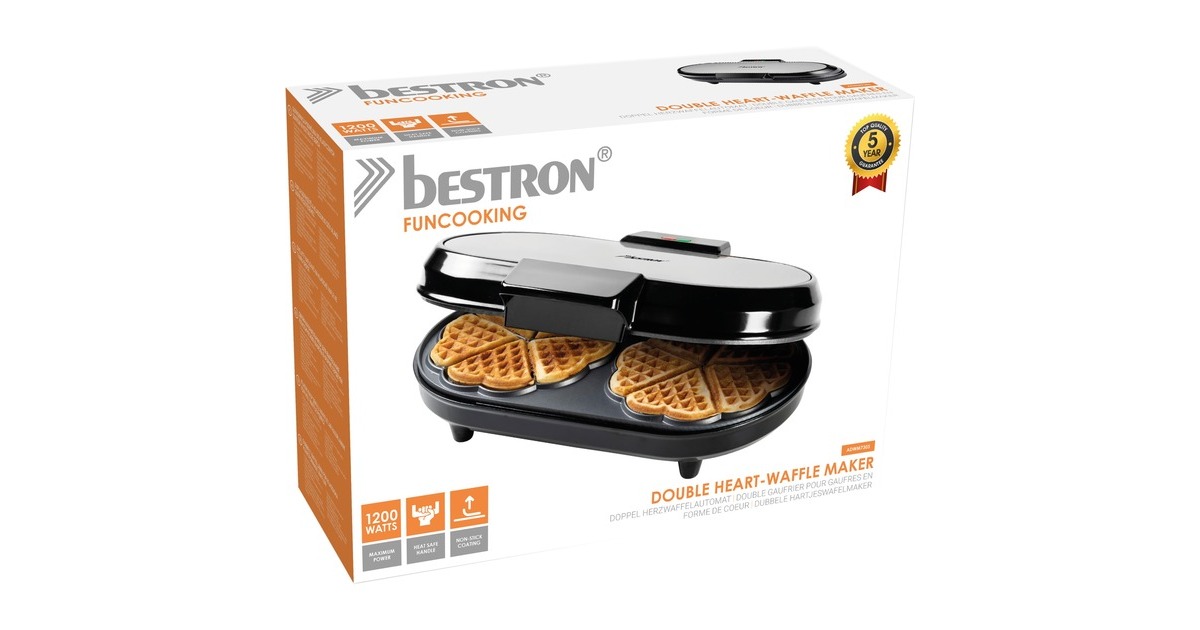 Bestron Doppel-Waffeleisen ADWM730S für Herzwaffeln(edelstahl/schwarz, 1.200 Watt)