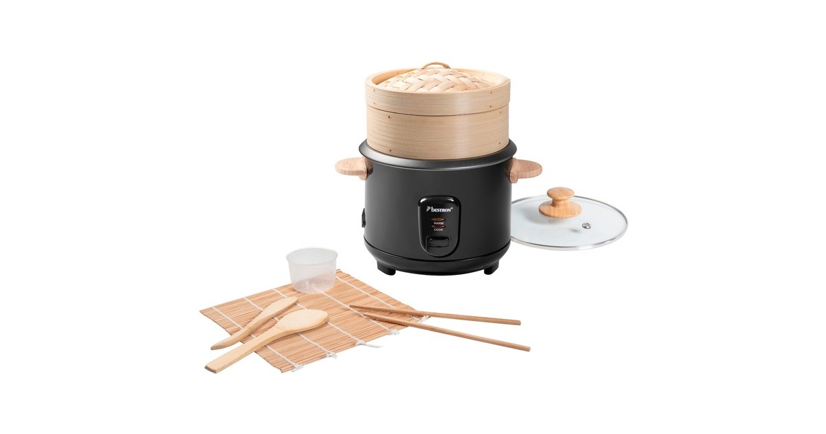 Bestron Reiskocher ARC100BBS(schwarz/holz, 400 Watt, mit Bambus Dampfkorb, 5-teiligem Sushi-Maker-Set)