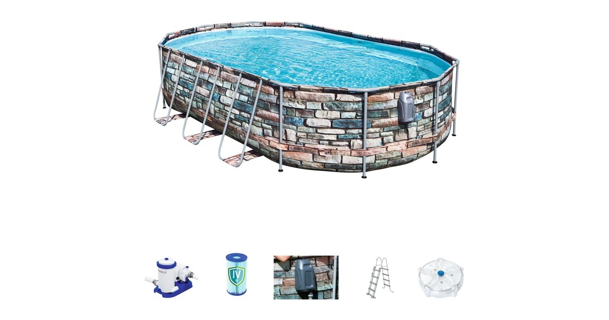 Bestway Frame Pool-Set Comfort Jet, 610 x 366 x 122cm, Schwimmbad(braun, mit Filterpumpe)