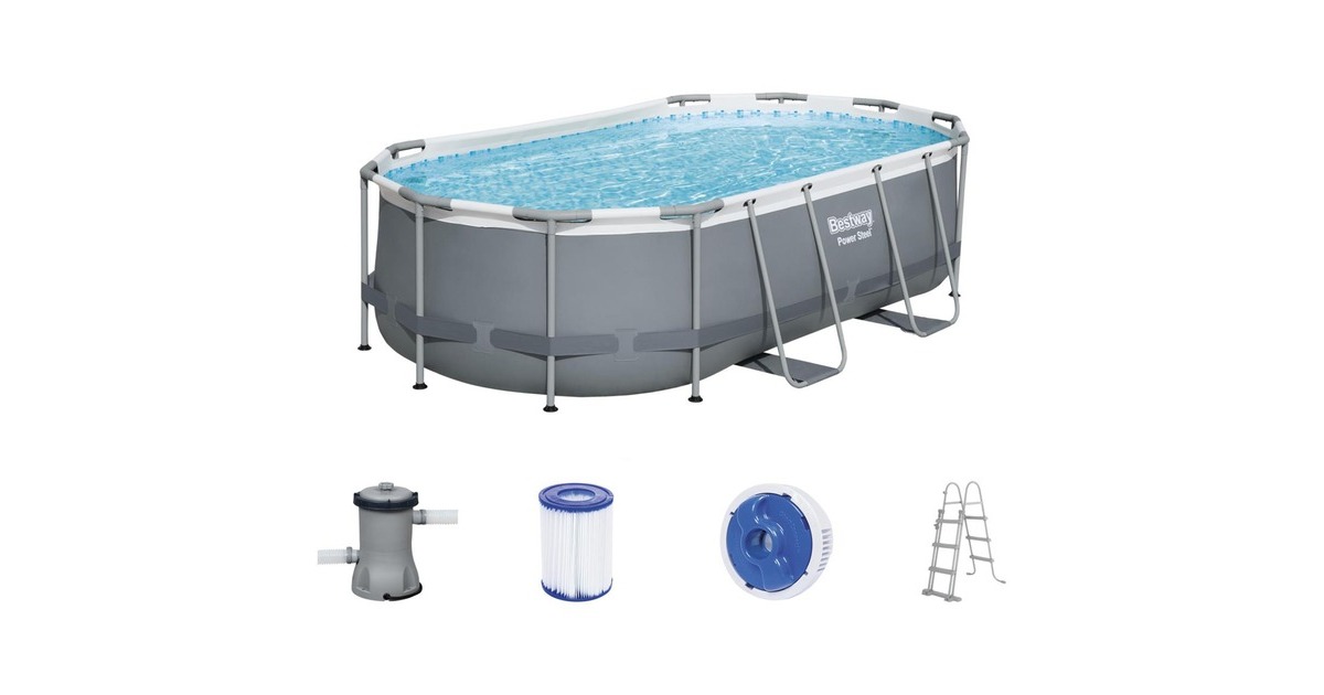 Bestway Power Steel Frame Pool-Set, 427cm x 250cm x 100cm, Schwimmbad(grau/hellblau, mit Filterpumpe)