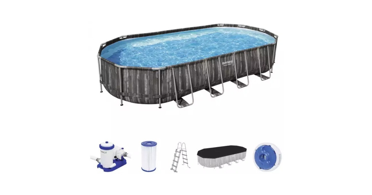 Bestway Power Steel Frame Pool-Set, 732cm x 366cm x 122cm, Schwimmbad(dunkelbraun/blau, Holzdekor, mit Filterpumpe)