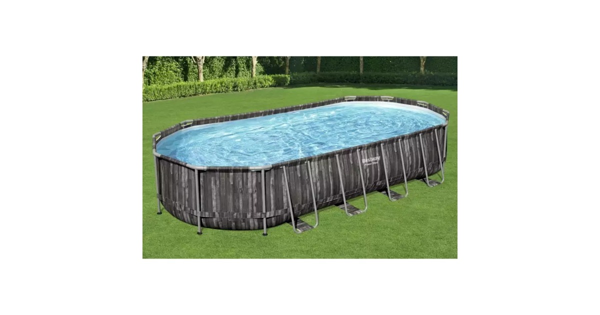 Bestway Power Steel Frame Pool-Set, 732cm x 366cm x 122cm, Schwimmbad(dunkelbraun/blau, Holzdekor, mit Filterpumpe)