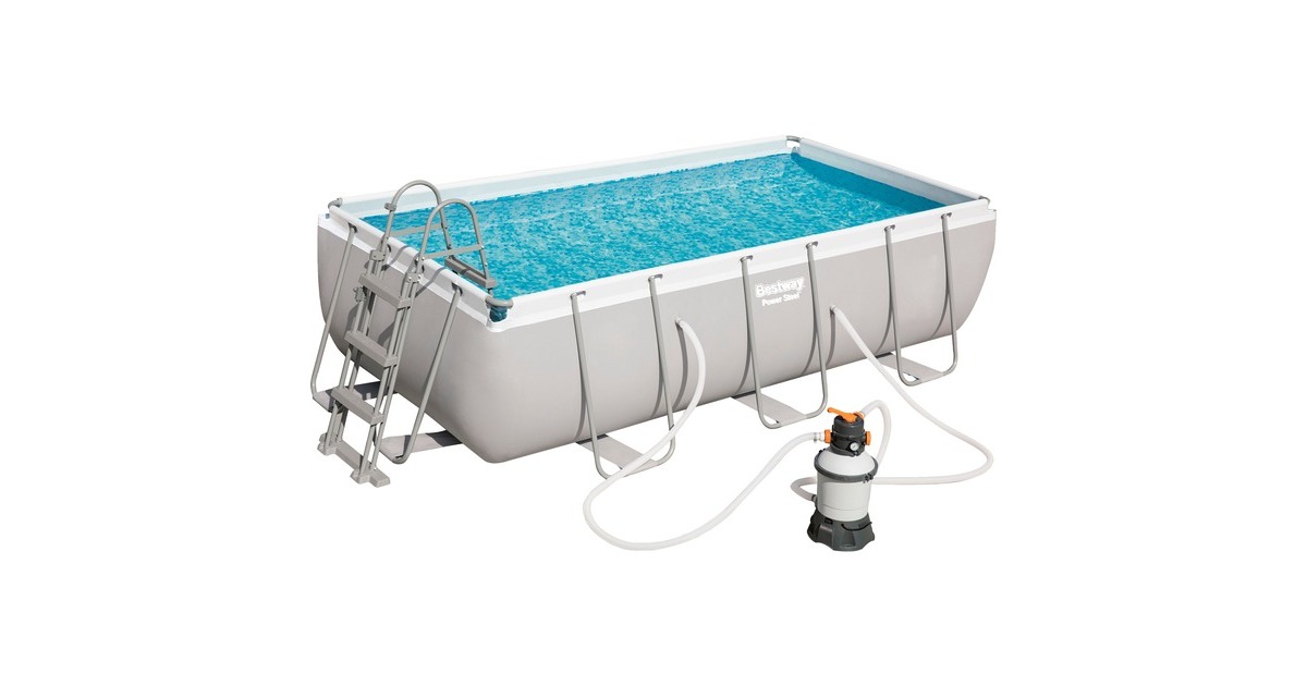 Bestway Power Steel Rectangular Frame Pool-Set, 404cm x 201cm x 100cm, Schwimmbad(hellgrau, mit Sandfilteranlage)