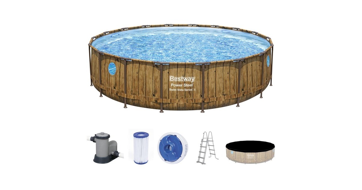 Bestway Power Steel Swim Vista Frame Pool-Set, Ø 549cm x 122cm, Schwimmbad(braun/hellblau, mit Sichtfenstern + Filterpumpe)